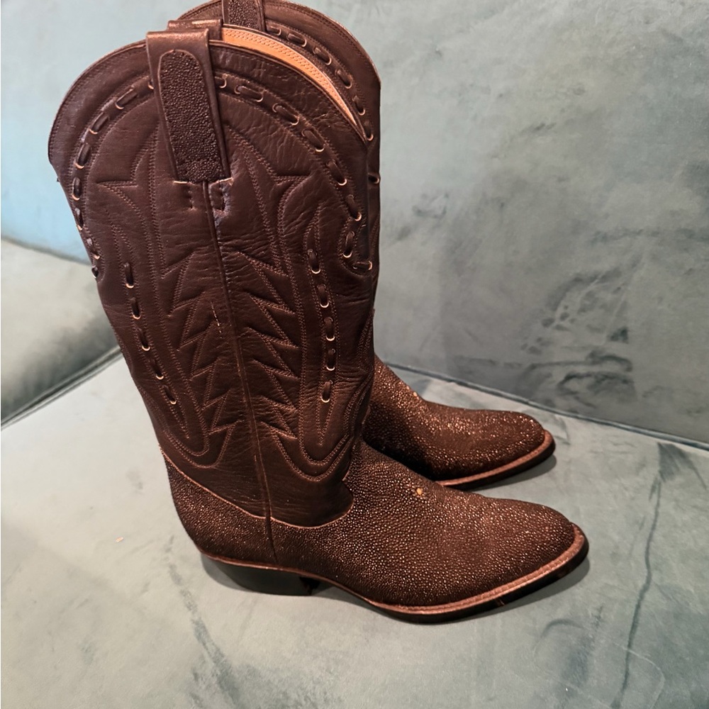 Tony Lama Stingray Leather Cowboy Boots Black Western Exotic Leather Pull On